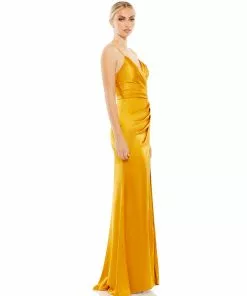 Ieena For Mac Duggal Satin Sleeveless Faux Wrap Ruched Gown Shop For
