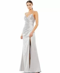 Ieena For Mac Duggal Satin Sleeveless Faux Wrap Ruched Gown Shop For