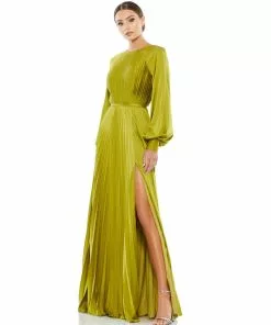 Ieena For Mac Duggal Evening Gowns Long Sleeve Pleated High Neck Gown