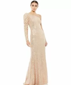 Ieena For Mac Duggal Sequined One Shoulder Trumpet Gown