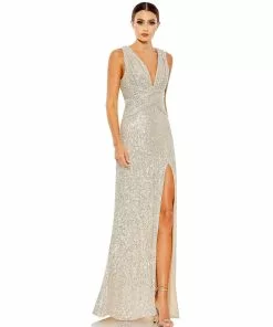 Ieena For Mac Duggal Shop For V-Neck Sequin Wrap Waist Gown