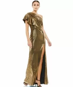 Ieena For Mac Duggal Ruffled One Shoulder Metallic Evening Gown