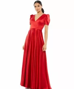 Mac Duggal Shop For Puff Sleeve V-Neck Satin Gown