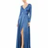 Ieena For Mac Duggal Satin V Neck Long Sleeve Pleated Gown
