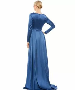 Ieena For Mac Duggal Satin V Neck Long Sleeve Pleated Gown