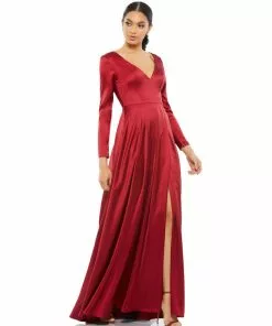 Ieena For Mac Duggal Satin V Neck Long Sleeve Pleated Gown