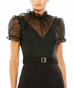 Ieena For Mac Duggal Belted Illusion High Neck Cap Sleeve Jumpsuit