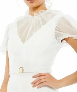 Ieena For Mac Duggal Belted Illusion High Neck Cap Sleeve Jumpsuit