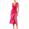 Ieena For Mac Duggal Satin Ruched V Neck Faux Wrap Midi Dress