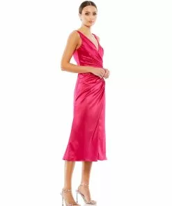 Ieena For Mac Duggal Satin Ruched V Neck Faux Wrap Midi Dress