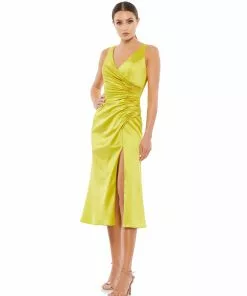 Ieena For Mac Duggal Satin Ruched V Neck Faux Wrap Midi Dress 11 Ieena For Mac Duggal Satin Ruched V Neck Faux Wrap Midi Dress