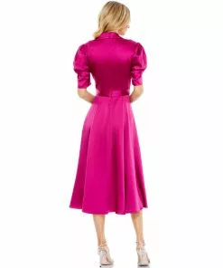 Ieena For Mac Duggal Satin Lapel Puff Sleeve Tea Length Dress Shop For