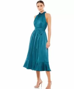 Ieena For Mac Duggal Satin Pleated Halter Neck Midi Dress