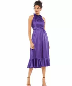 Ieena For Mac Duggal Satin Pleated Halter Neck Midi Dress