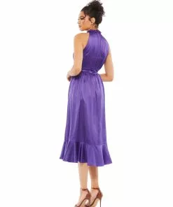 Ieena For Mac Duggal Satin Pleated Halter Neck Midi Dress