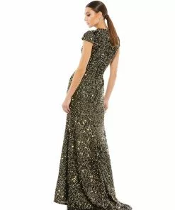 Ieena For Mac Duggal Sequined Cap Sleeve High Neck Gown