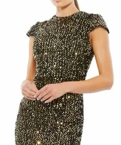Ieena For Mac Duggal Sequined Cap Sleeve High Neck Gown