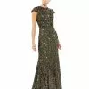 Ieena For Mac Duggal Sequined Cap Sleeve High Neck Gown