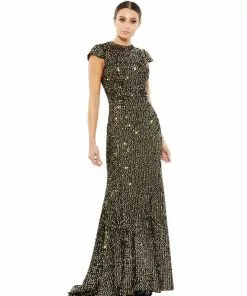 Ieena For Mac Duggal Sequined Cap Sleeve High Neck Gown