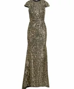 Ieena For Mac Duggal Sequined Cap Sleeve High Neck Gown