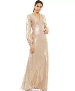 Ieena For Mac Duggal Shop For Metallic Empire Waist Blouson Sleeve Gown
