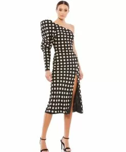 Ieena For Mac Duggal Long Puff Sleeve Polka Dot Tea Length Dress