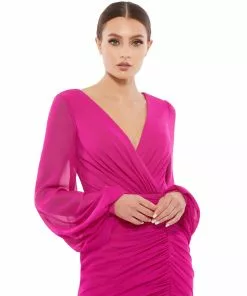 Ieena For Mac Duggal Long Blouson Sleeve Ruched Mini Dress