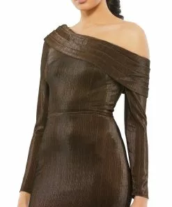 Ieena For Mac Duggal Shop For Textured Metallic Off-the-Shoulder Trumpet Gown