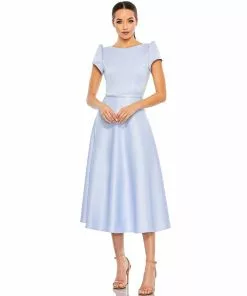 Ieena For Mac Duggal Satin Puff Shoulder Tea Length Dress