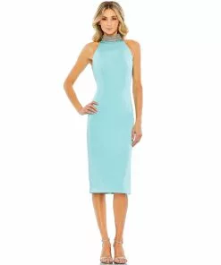 Ieena For Mac Duggal Open Back Jeweled Halter Midi Dress