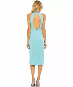 Ieena For Mac Duggal Open Back Jeweled Halter Midi Dress