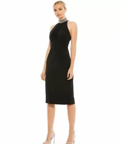 Ieena For Mac Duggal Open Back Jeweled Halter Midi Dress