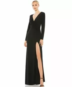 Ieena For Mac Duggal Shop For Jersey Long Sleeve Asymmetrical Ruched Gown