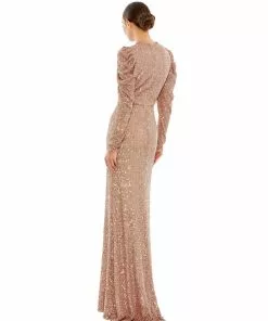 Ieena For Mac Duggal Shop For Sequined High Neck Puff Long Sleeve Column Gown