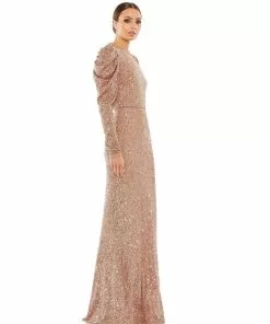 Ieena For Mac Duggal Shop For Sequined High Neck Puff Long Sleeve Column Gown