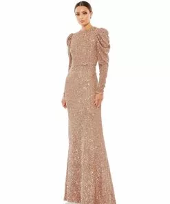 Ieena For Mac Duggal Shop For Sequined High Neck Puff Long Sleeve Column Gown