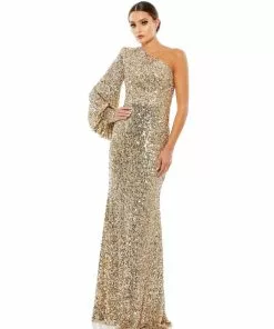 Ieena For Mac Duggal Sequined One Shoulder Bishop Sleeve Trumpet Gown