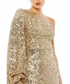 Ieena For Mac Duggal Sequined One Shoulder Bishop Sleeve Trumpet Gown