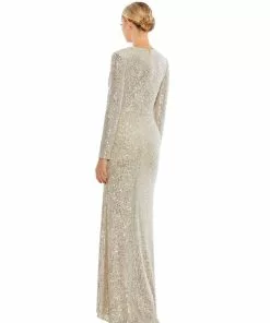 Ieena For Mac Duggal Shop For Sequined Long Sleeve Faux Wrap Ruched Gown