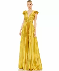 Ieena For Mac Duggal Shop For Pleated Ruffled Cap Sleeve Cut Out Lace Up Gown