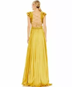 Ieena For Mac Duggal Shop For Pleated Ruffled Cap Sleeve Cut Out Lace Up Gown