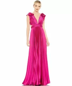 Ieena For Mac Duggal Shop For Pleated Ruffled Cap Sleeve Cut Out Lace Up Gown