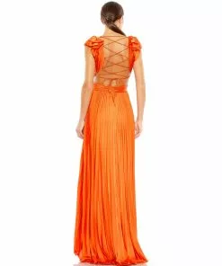 Ieena For Mac Duggal Shop For Pleated Ruffled Cap Sleeve Cut Out Lace Up Gown