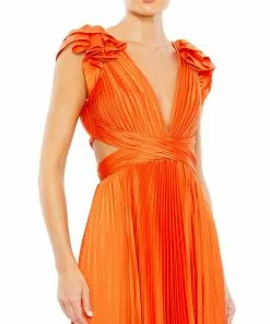 Ieena For Mac Duggal Shop For Pleated Ruffled Cap Sleeve Cut Out Lace Up Gown