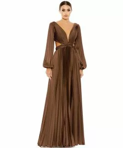 Ieena For Mac Duggal Pleated Long Sleeve Cut Out Gown