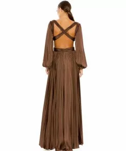 Ieena For Mac Duggal Pleated Long Sleeve Cut Out Gown