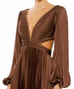 Ieena For Mac Duggal Pleated Long Sleeve Cut Out Gown