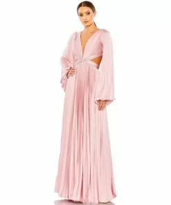 Ieena For Mac Duggal Pleated Long Sleeve Cut Out Gown