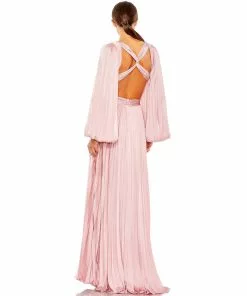 Ieena For Mac Duggal Pleated Long Sleeve Cut Out Gown