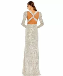 Ieena For Mac Duggal Sequined Criss Cross Long Sleeve Gown